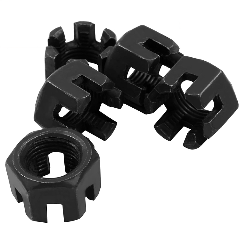 M16×1,5 Grade 4,8 Uhlíková oceľ Čierna Drážková hradná matica DIN 935 M16×1,5 Grade 4,8 Uhlíková oceľ Čierna Drážková hradná matica DIN 935