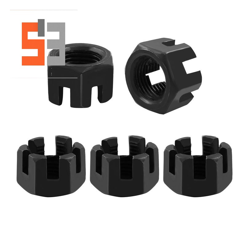 M16×1,5 Grade 4,8 Uhlíková oceľ Čierna Drážková hradná matica DIN 935 M16×1,5 Grade 4,8 Uhlíková oceľ Čierna Drážková hradná matica DIN 935